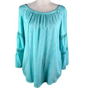 Floral & Ivy Top Boho Blouse Turquoise Medium Lace Cutouts M New